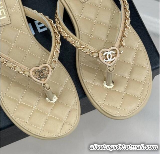 Shop Cheap Chanel Lambskin Flat Thong Slide Sandal with Chain and Heart G46109 Beige
