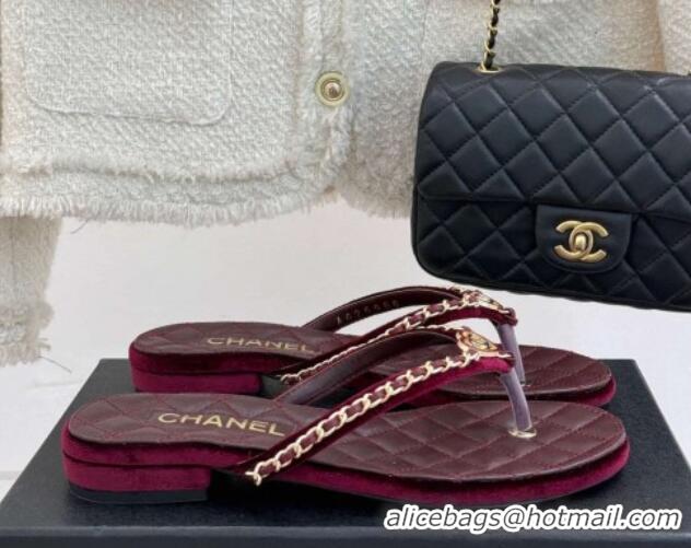 Buy Luxury Chanel Velvet Flat Thong Slide Sandal with Chain and Heart G46109 Dark Burgundy