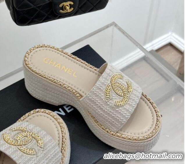 Grade Quality Chanel Knit Wedge Slides Sandal with Chain CC Grey 2025 CH030403