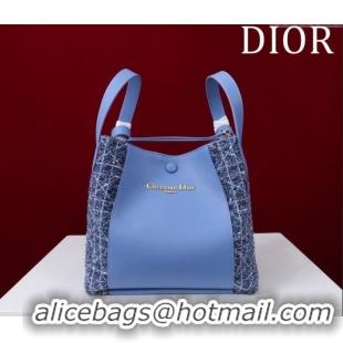 Traditional Specials Dior Medium Signature Bucket Bag in Calfskin and Tweed 0403 Blue 2025