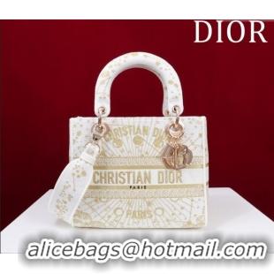 Top Design Dior Medium Lady D-Lite Bag in White Embroidery with Gold-Tone Dior Astral Motif M0565 2025