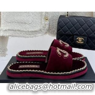 Buy Luxury Chanel Velvet Flat Slides Sandal with Chain CC Dark Burgundy 2025 CH030403