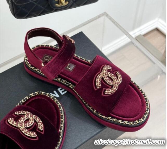 Unique Style Chanel Velvet Flat Sandals with Chain CC Dar Burgundy 2025 CH030403