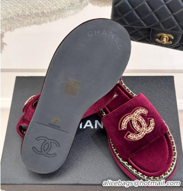 Unique Style Chanel Velvet Flat Sandals with Chain CC Dar Burgundy 2025 CH030403