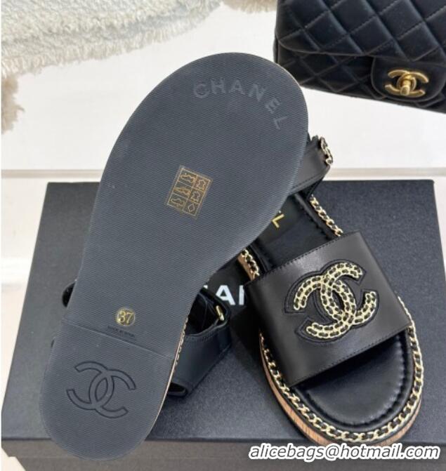 Pretty Style Chanel Calfskin Flat Sandals with Chain CC Black 2025 CH030403