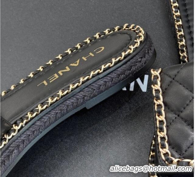 Top Design Chanel Lambskin Flat Slides Sandal with Foldover and Chain Black 2025 CH030404