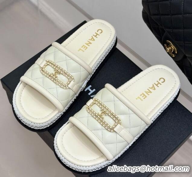 Good Quality Chanel Lambskin Flat Slides Sandal with Chain Buckle White 2025 CH030406