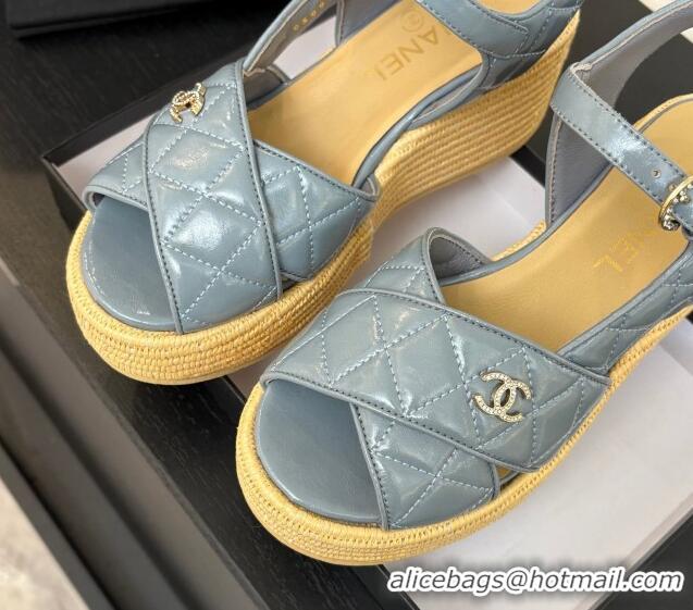 Buy Luxury Chanel Shiny Calfskin Strap Wedge Sandals 12cm Grey 2025 CH030408