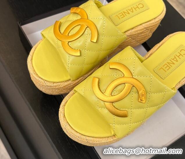 Stylish Chanel Shiny Calfskin Wedge Slides Sandal with Metal-Tone CC Yellow 2025 CH030409