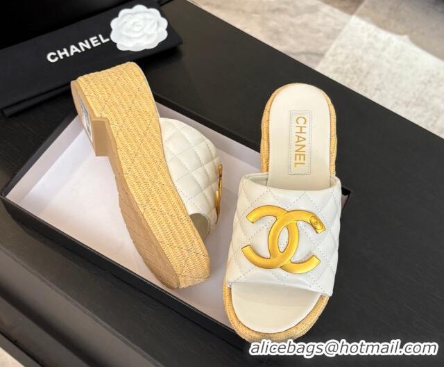 Grade Quality Chanel Shiny Calfskin Wedge Slides Sandal with Metal-Tone CC White 2025 CH030409
