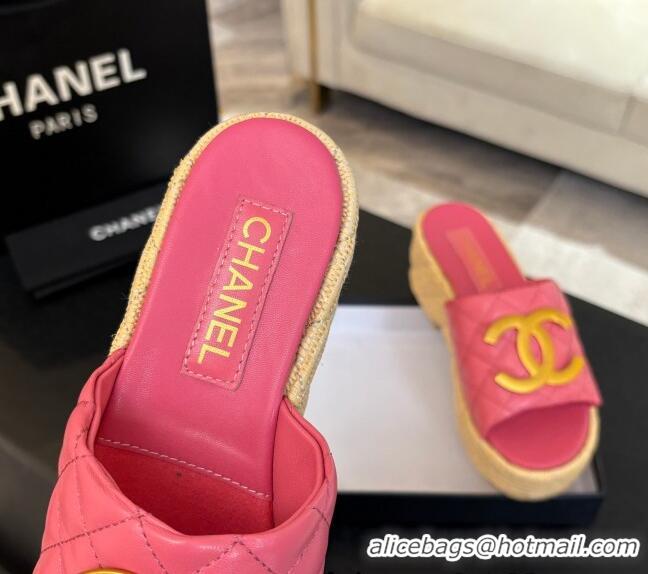 Top Grade Chanel Shiny Calfskin Wedge Slides Sandal with Metal-Tone CC Pink 2025 CH030409