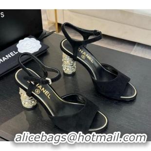 Charming Chanel Suede Heel Sandals 8cm with Strass and Pearls Black 2025 CH030410