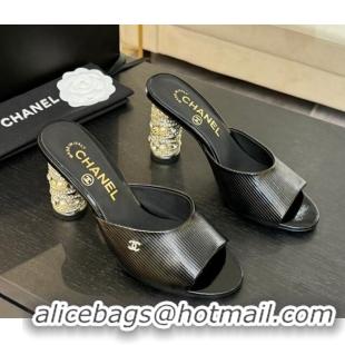 Pretty Style Chanel Embossed Leather Heel Sandals 8.5cm with Strass and Pearls Black 2025 CH030410