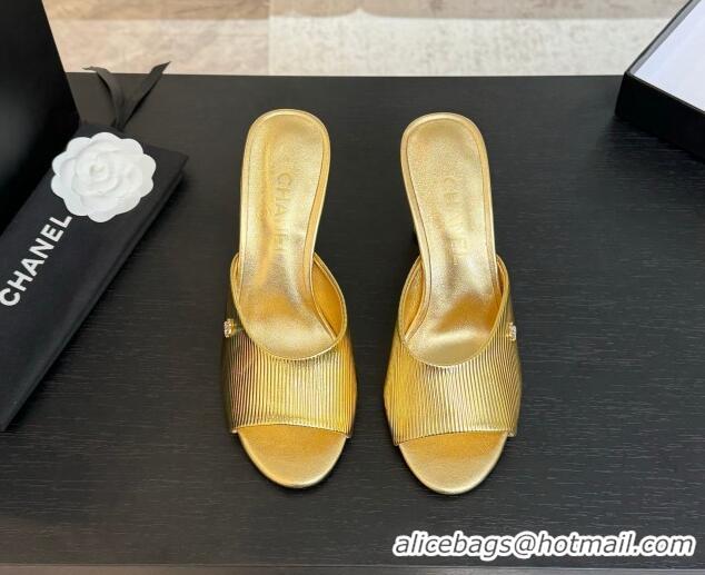 Stylish Chanel Embossed Leather Heel Sandals 8.5cm with Strass and Pearls Gold 2025 CH030410