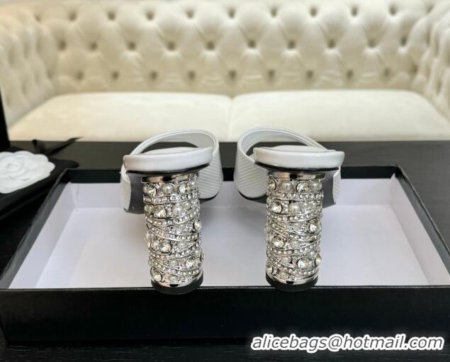 Good Quality Chanel Embossed Leather Heel Sandals 8.5cm with Strass and Pearls White 2025 CH030410