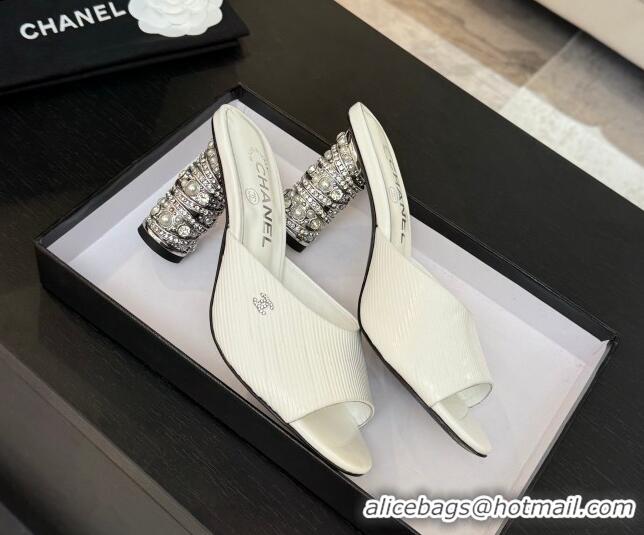 Good Quality Chanel Embossed Leather Heel Sandals 8.5cm with Strass and Pearls White 2025 CH030410