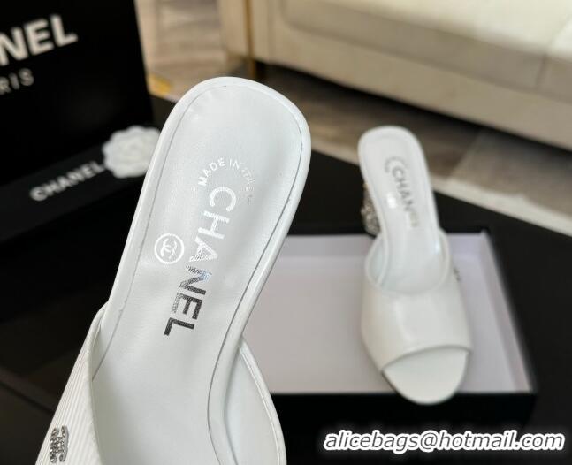 Good Quality Chanel Embossed Leather Heel Sandals 8.5cm with Strass and Pearls White 2025 CH030410