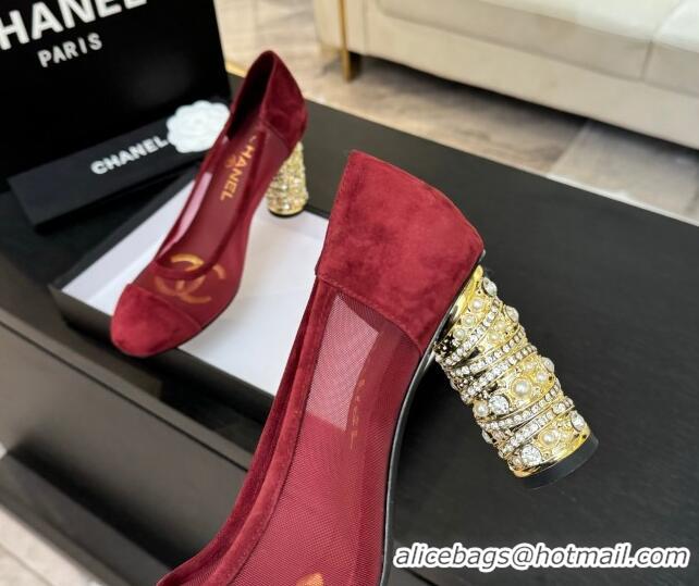 Classic Hot Chanel Suede & Mesh Pumps 8.5cm with Strass and Pearls Red 2025 CH030410