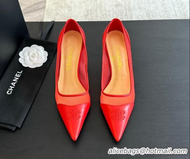 Trendy Design Chanel Lambskin & Mesh Pumps Red 2025 CH030411
