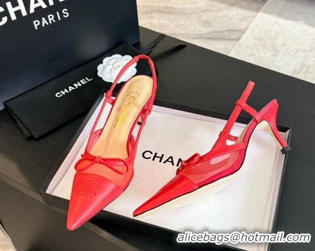 Lowest Price Chanel Lambskin and Mesh Slingback Pumps with Bow Red 2025 CH030411