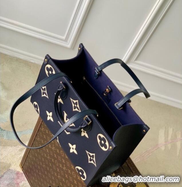 Best Price Louis Vuitton OnTheGo MM Tote Bag in Bicolor Monogram Empreinte Leather Navy Blue/Beige M47084 2025