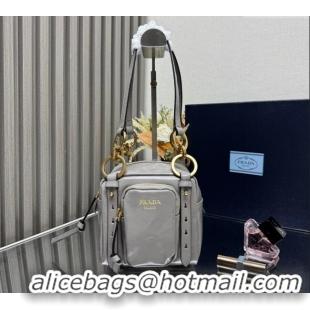 Top Quality Prada Dangle Oil Leather Top Handle Mini Bag 1BB137 Grey 2025