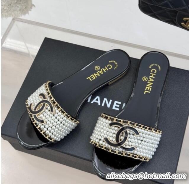 Top Grade Chanel Pearls and Chain Flat Slides Sandal Black 2025 CH030412