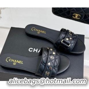 Best Price Chanel Quilted Lambskin Flat Slides Sandal with Charm and Buckle Black 2025 CH030413