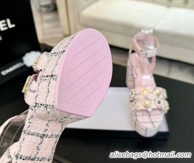 Good Quality Chanel Tweed & Charm Platform Sandals 9cm G46423 Light Pink