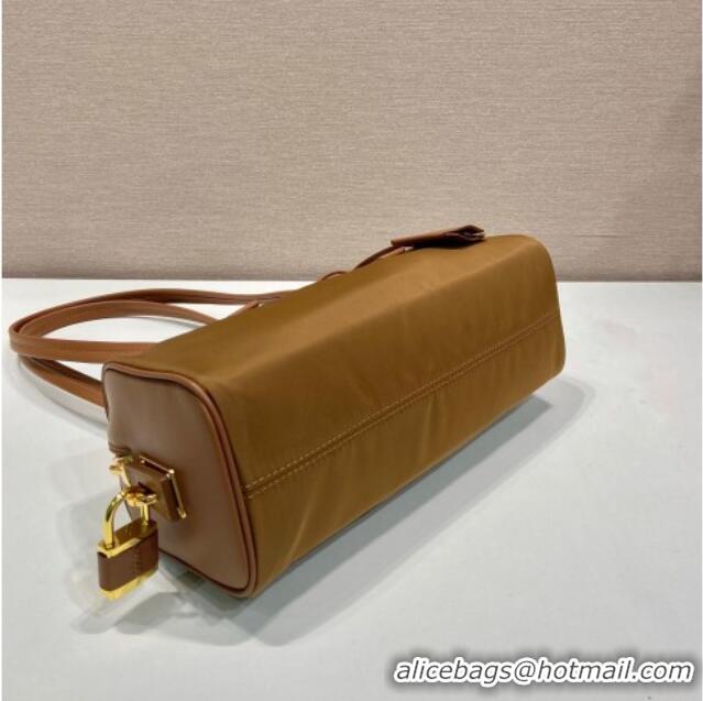 Promotional Prada Re-Nylon and leather medium top-handle bag with padlock 1BB127 Brandy Brown 2025