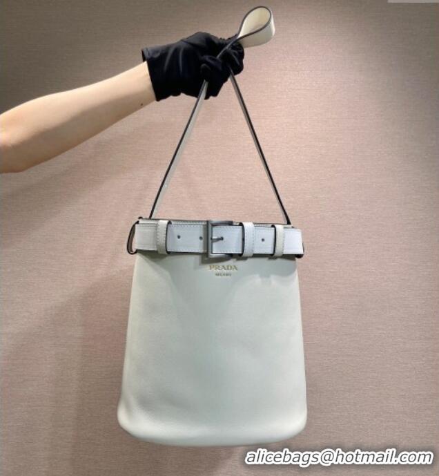 Well Crafted Prada Buckle leather bucket bag with belt 1BE085 White 2025