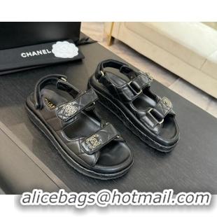 Shop Duplicate Chanel Quilted Lambskin Strap Flat Sandals with Chain CC Black 2025 CH030415
