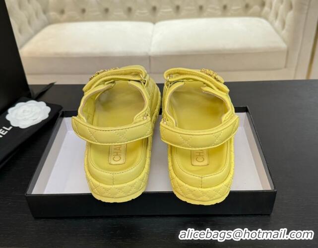 Buy Discount Chanel Quilted Lambskin Strap Flat Sandals with Chain CC Yellow 2025 CH030415