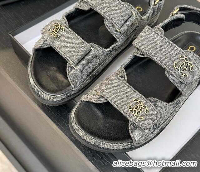 Top Design Chanel CC Canvas Strap Flat Sandals with Chain CC Grey 2025 CH030415