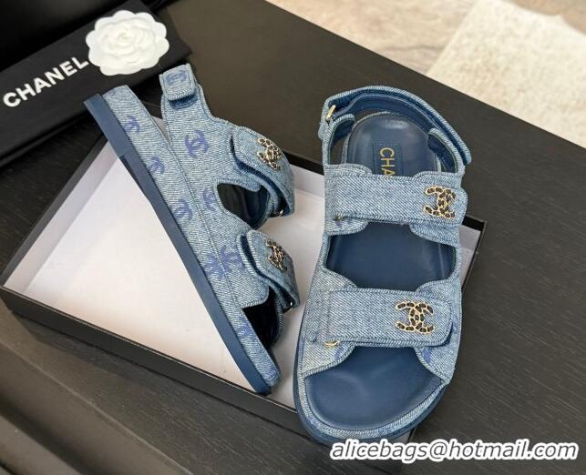 est Grade Chanel CC Canvas Strap Flat Sandals with Chain CC Blue 2025 CH030415