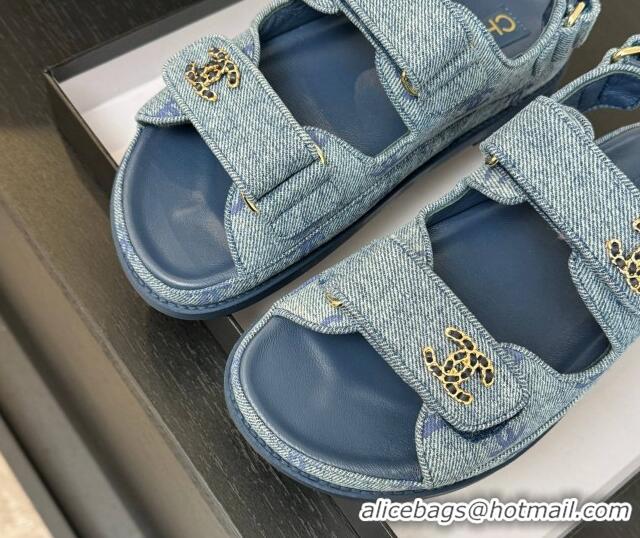 est Grade Chanel CC Canvas Strap Flat Sandals with Chain CC Blue 2025 CH030415