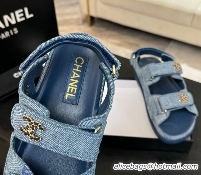 est Grade Chanel CC Canvas Strap Flat Sandals with Chain CC Blue 2025 CH030415