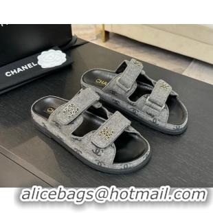 Grade Chanel CC Canvas Strap Flat Slides Sandal with Chain CC Grey 2025 CH030415