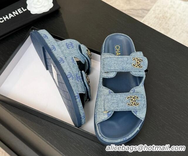 Low Cost Chanel CC Canvas Strap Flat Slides Sandal with Chain CC Blue 2025 CH030415