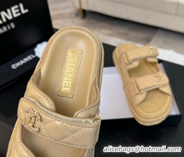 Top Grade Chanel Quilted Lambskin Strap Flat Slides Sandal with Chain CC Beige 2025 CH030415