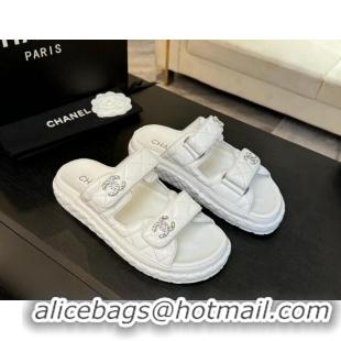Sumptuous Chanel Quilted Lambskin Strap Flat Slides Sandal with Chain CC White 2025 CH030415