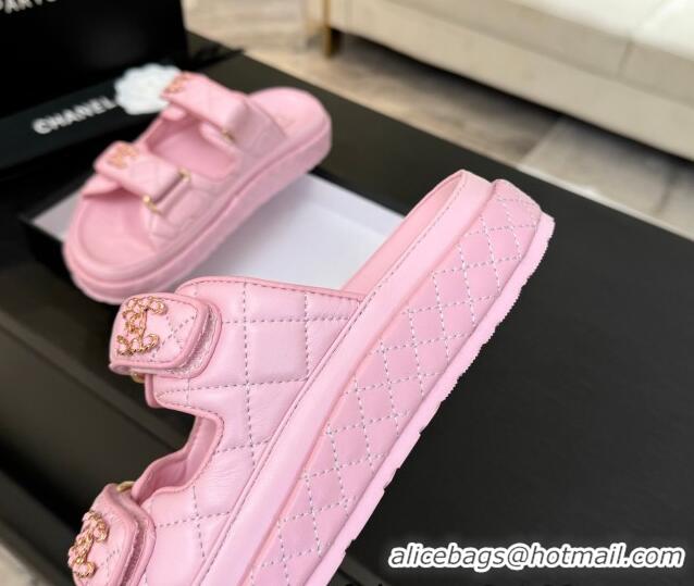 Stylish Chanel Quilted Lambskin Strap Flat Slides Sandal with Chain CC Pink 2025 CH030415