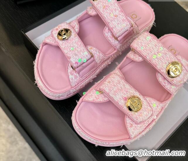 Good Quality Chanel Tweed Strap Flat Slides Sandal with Round Buckle Pink/Sequins 2025 CH030416