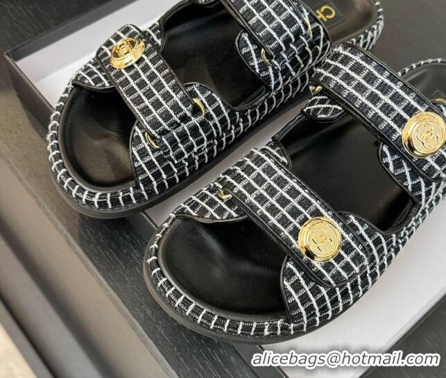 Grade Quality Chanel Tweed Strap Flat Slides Sandal with Round Buckle Black 2025 CH030416
