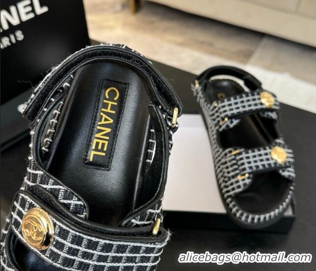 Low Price Chanel Tweed Strap Flat Sandals with Round Buckle Black 2025 CH030416