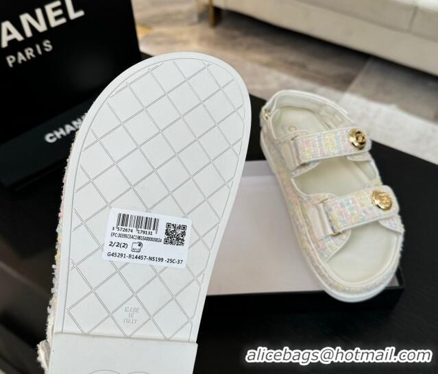 Good Looking Chanel Tweed Strap Flat Sandals with Round Buckle White/Multi 2025 CH030416