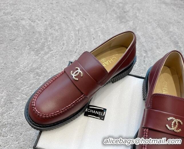 Good Product Chanel Calfskin Leather Loafers with Metal-Tone CC G46112 Dark Burgundy
