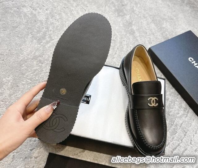 Perfect Chanel Calfskin Leather Loafers with Metal-Tone CC G46112 Black