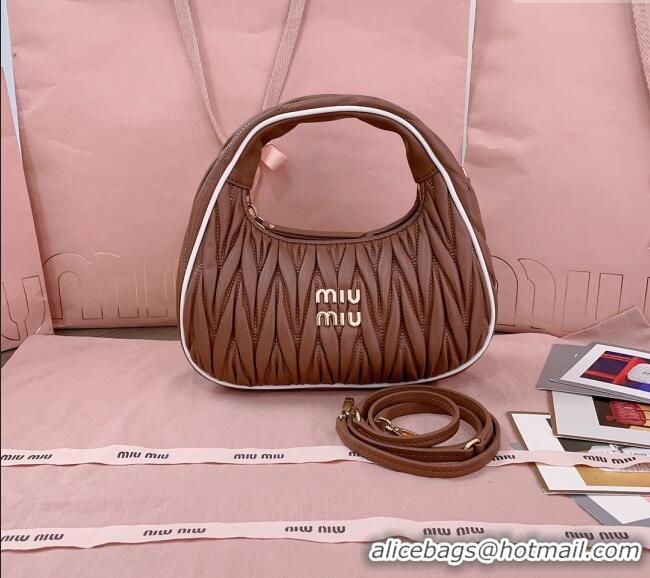 Top Design Miu Miu Wander Matelasse Nappa Leather Hobo Mini bag with Contrasting Trim 5BC125 Cognac Brown 2025