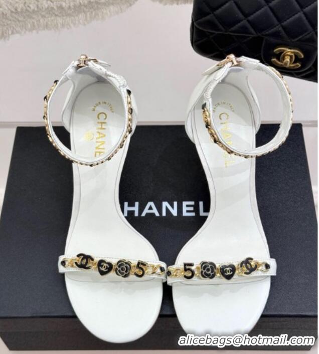 Pretty Style Chanel Calfskin Heel Sandals 7.5cm with Logo Charm White 2025 CH030502